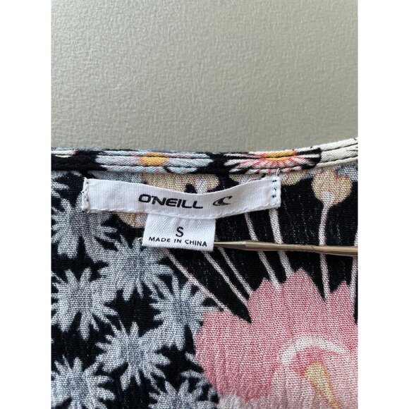 ONeill Peplum Top Size Small Floral VNeck 3/4 Sleeve Black Multi Bohemian Hippie - Picture 4 of 8